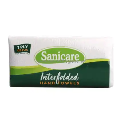 Sanicare interfolded hand towels packaging; hygiene and cleaning supplies, paper hand towels for personal and commercial use, emphasizing convenience and absorbency.