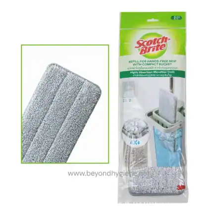 Refill Scotch-Brite microfiber cloth for hands-free mop with compact bucket, highly absorbent and durable, ideal for efficient cleaning; perfect for commercial and domestic hygiene needs.