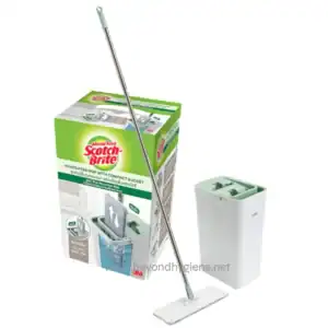 Scotch-Brite hand-Free mop with compact bucket, adjustable handle, cleaning tools for sanitation, janitorial cleaning equipment, hygiene solutions for commercial spaces and homes.