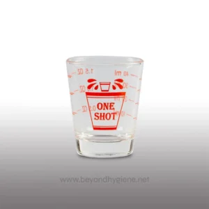 Clear shot glass with red "One Shot" print, measuring 50ml, ideal for alcohol servings or promotional items, emphasizing beverage measurement accuracy and promotional branding.