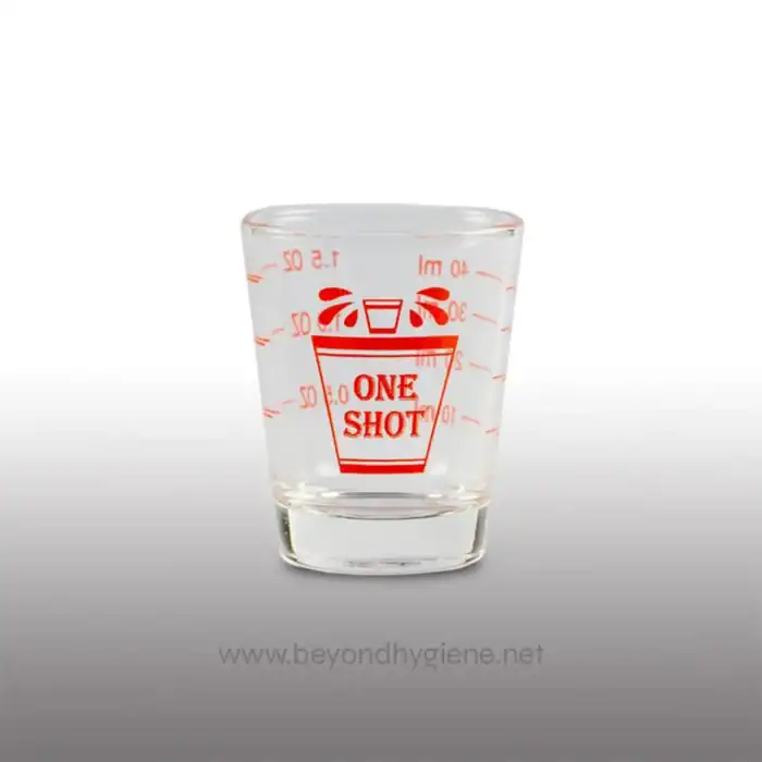 Clear shot glass with red "One Shot" print, measuring 50ml, ideal for alcohol servings or promotional items, emphasizing beverage measurement accuracy and promotional branding.