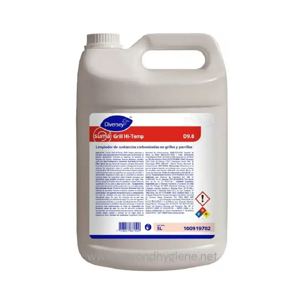Diversey Grill Hi-Temp carbonized substance cleaner for grills and barbecues, 5L bottle, effective sanitation solution for commercial kitchens and foodservice sanitation.