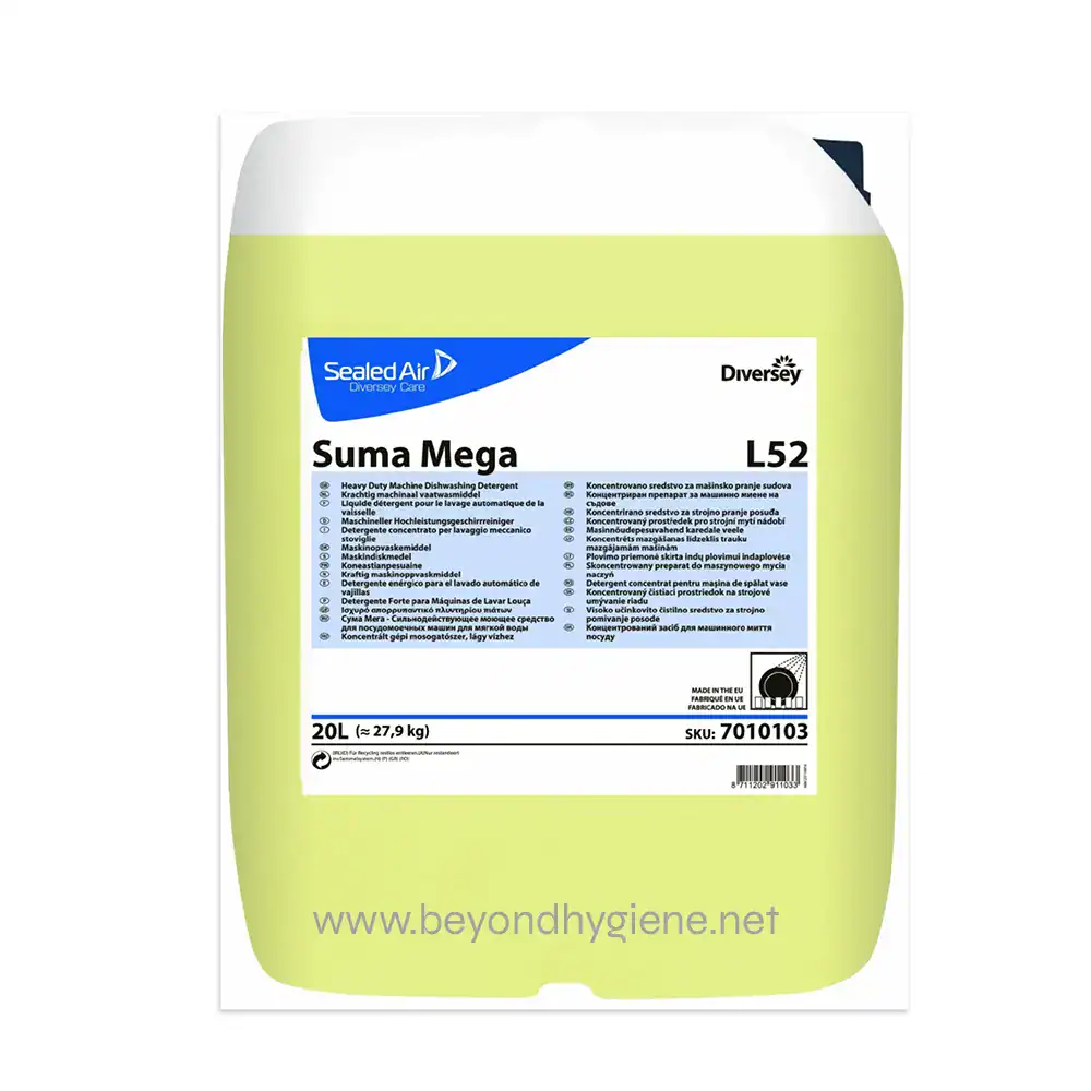 Suma Mega (2) Sealed Air Suma Mega heavy-duty industrial dishwashing detergent for commercial kitchens, hospital, and hospitality cleaning.