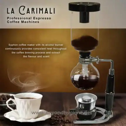 Syphon coffee maker with alcohol burner, continuous heat source for brewing coffee, enhances flavor and aroma, ideal for cafes and home enthusiasts, promoting quality coffee experiences.