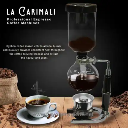 Syphon coffee maker with alcohol burner for professional brewing, extracting rich flavor and aroma. Ideal for cafes and coffee enthusiasts seeking consistent, high-quality espresso at Beyond Hygiene Asia.