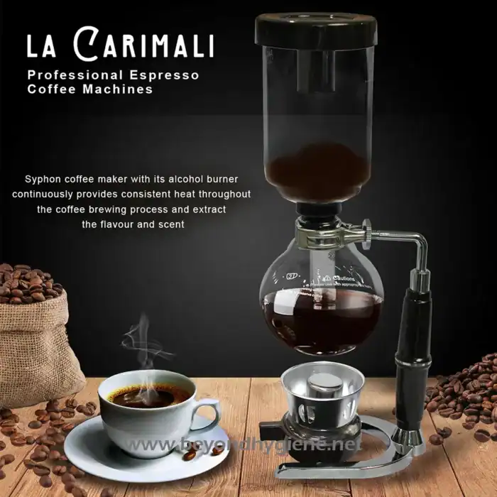 Syphon coffee maker with alcohol burner for professional brewing, extracting rich flavor and aroma. Ideal for cafes and coffee enthusiasts seeking consistent, high-quality espresso at Beyond Hygiene Asia.