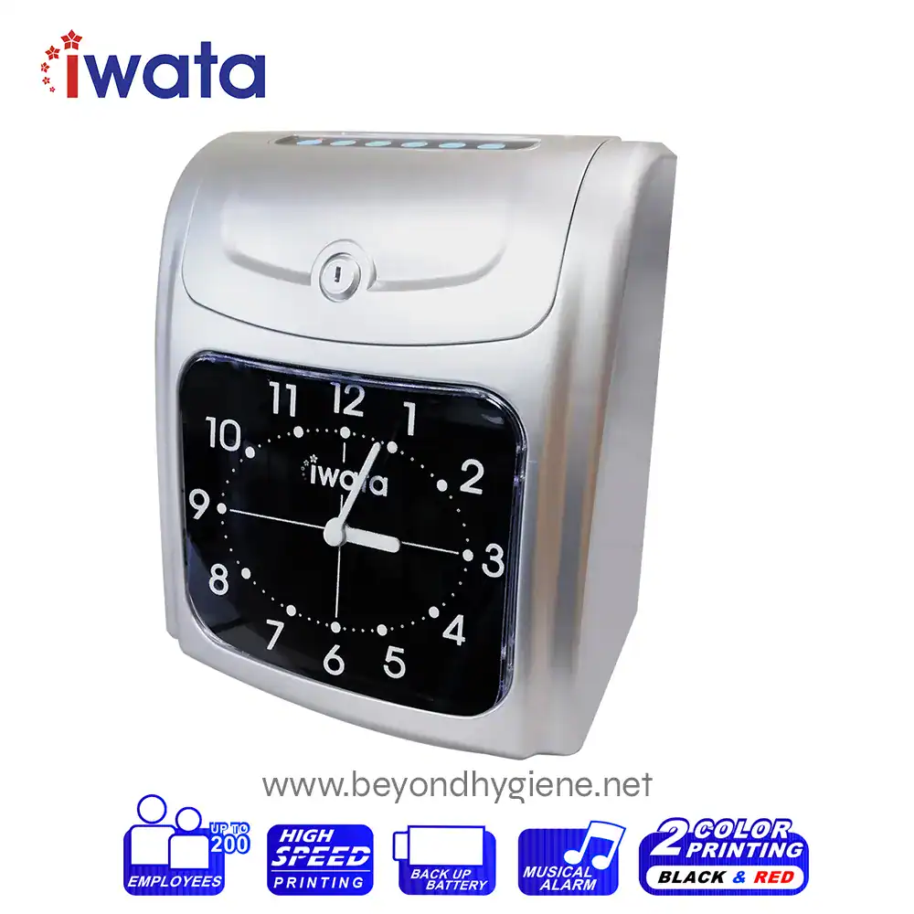 IWata electronic time clock with black dial and white numerals for employee time management and attendance tracking.