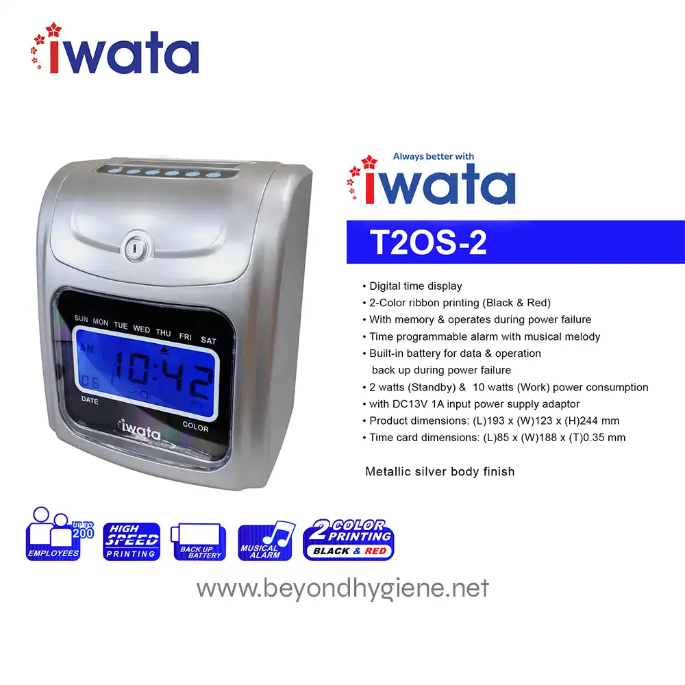 T2OS-2 Bundy Clock (1) IWata T20S-2 digital clock with memory, battery backup, and musical alarm, ideal for office and hygiene facilities, featuring 2-color ribbon printing and high-speed data management.
