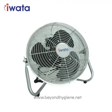 Industrial cooling fan by iWata used for air circulation and ventilation in commercial spaces. Durable metal frame with protective grille for safety. Suitable for hygienic environments and industrial applications.