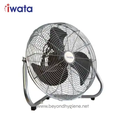 Polyester metal desk fan with black blades by iwata, used for air circulation and cooling in commercial and industrial settings. Suitable for hygiene and sanitation environments.