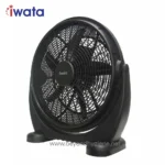 Black Iwata desk fan with adjustable tilt, energy-efficient cooling for offices and homes, compact design, ideal for personal air circulation.