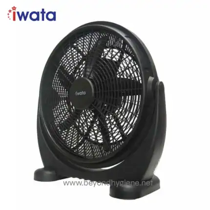 Black Iwata desk fan with adjustable tilt, energy-efficient cooling for offices and homes, compact design, ideal for personal air circulation.