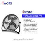 Iwata tornado CM20-FD industrial floor fan, 20-inch, 150W, three-speed with thermal overload protection, broad airflow coverage, easy assembly, 360-degree tilting, ideal for commercial and industrial ventilation.