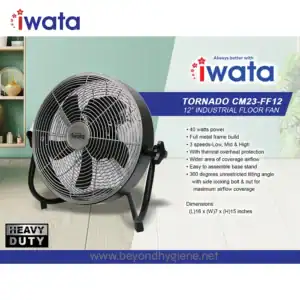 Iwata Tornado CM23-FF12 industrial floor fan, 12-inch, heavy-duty metal frame, 3-speed settings, thermal overheat protection, wide airflow coverage, easy assembly, 360-degree tilting, ideal for commercial cooling.