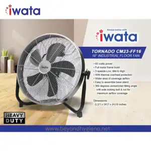 16-inch industrial floor fan by iWata, with 60 watts power, metal frame, thermal protection, three speeds, wide airflow coverage, easy assembly, and 360° tilt for optimal cooling.