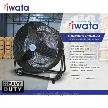 Industrial 24-inch Tornado Drum Fan for heavy-duty ventilation, high air volume, adjustable tilt, 3-speed settings, ideal for warehouses and industrial spaces.