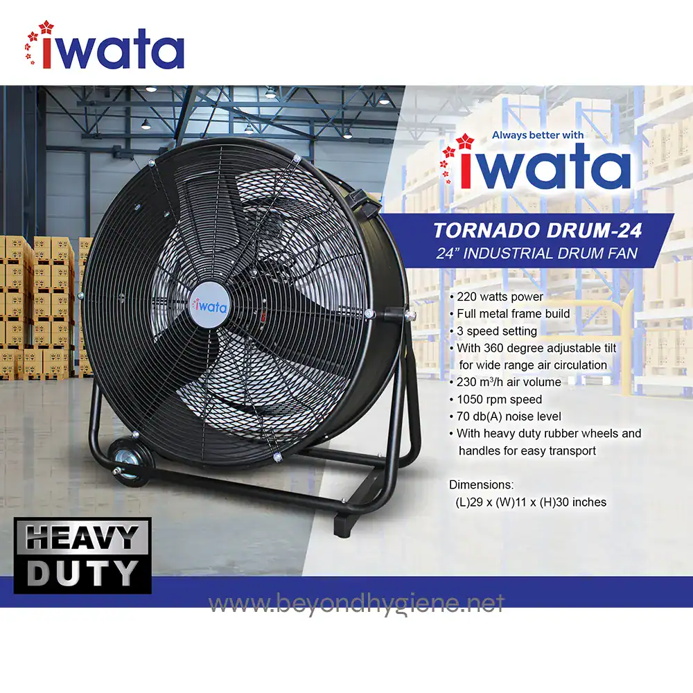 TORNADO DRUM-24 ELECTRIC FAN Industrial 24-inch Tornado Drum Fan for heavy-duty ventilation, high air volume, adjustable tilt, 3-speed settings, ideal for warehouses and industrial spaces.