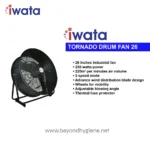 26-inch industrial tornado drum fan suitable for commercial and industrial air circulation, featuring adjustable blades, high power, mobility wheels, and safety features for effective ventilation.