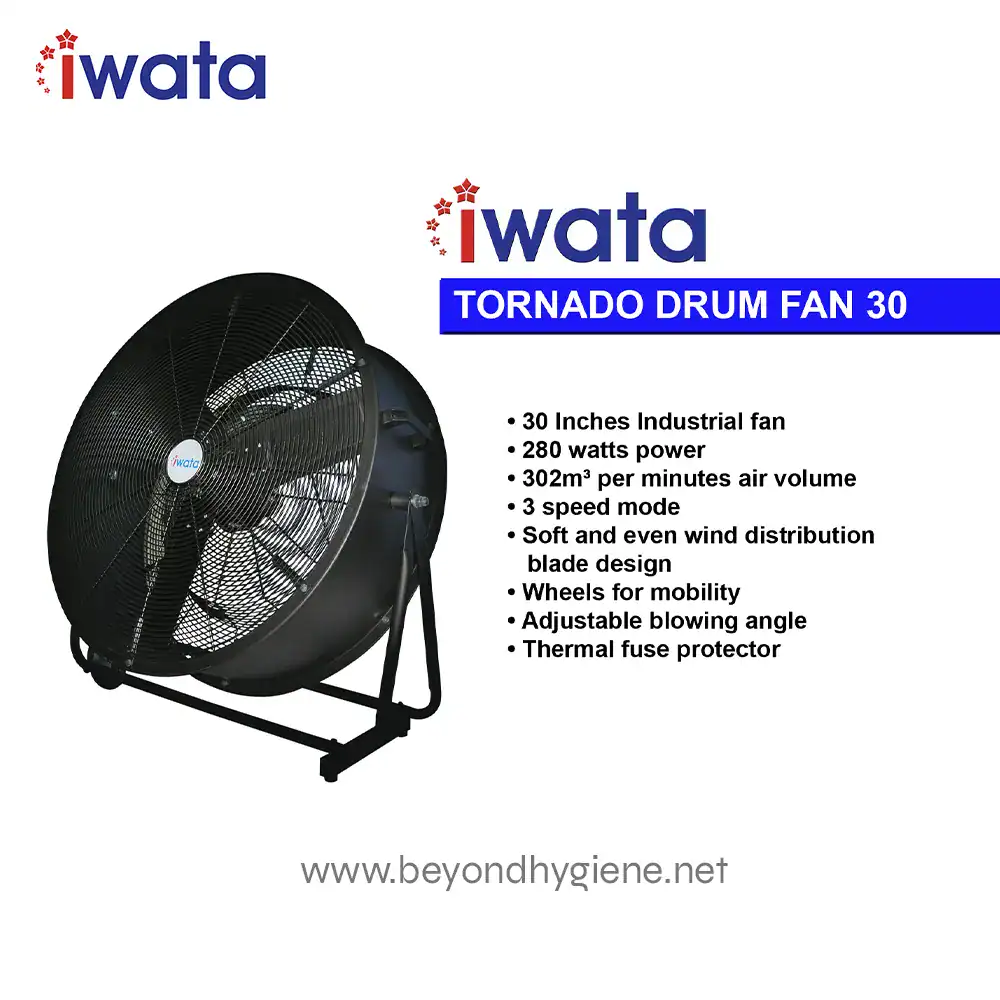 TORNADO DRUM FAN 30 ELECTRIC FAN (1) High-quality industrial tornado drum fan designed for efficient air circulation, with adjustable blowing angle, thermal fuse protector, and mobility wheels for commercial and industrial use.