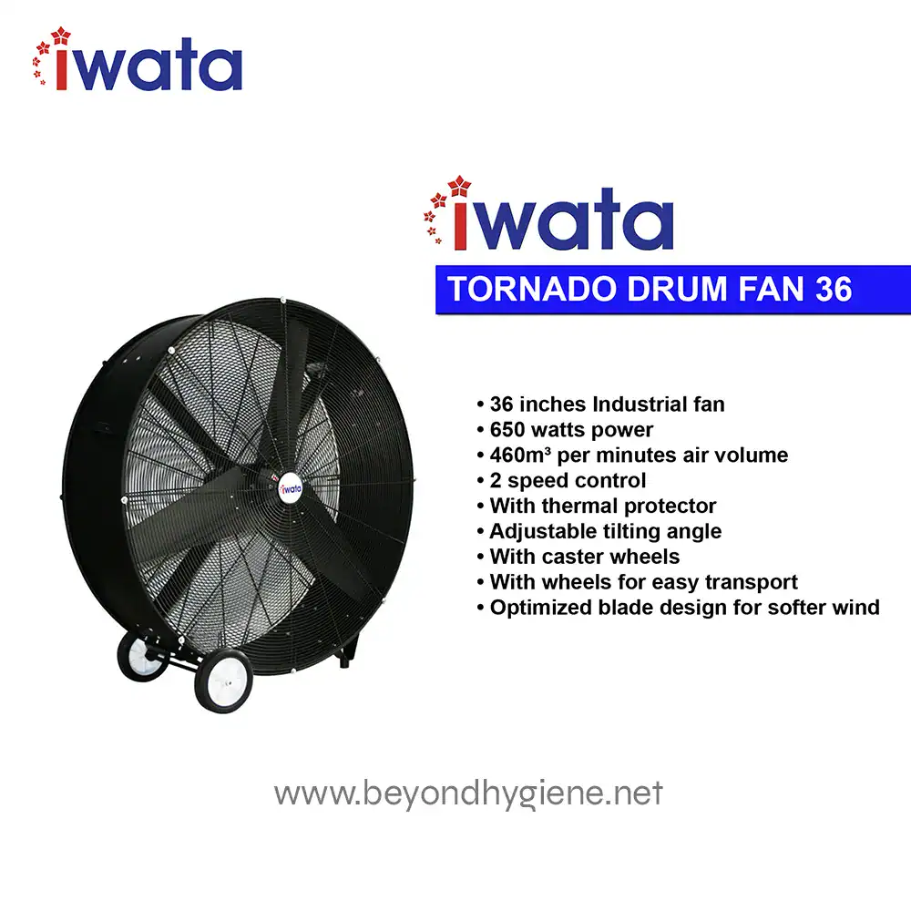 TORNADO DRUM FAN 36 ELECTRIC FAN (1) 36-inch industrial tornado drum fan with adjustable tilting angle and caster wheels for easy transportation, ideal for commercial and industrial ventilation needs.