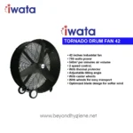 42-inch industrial tornado drum fan with adjustable tilting angle, thermal protector, caster wheels, and optimized blade design for quieter wind. Perfect for commercial and industrial hygiene needs.