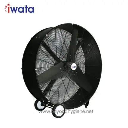 Huge industrial black wall-mounted fan, ideal for commercial spaces, designed for efficient air circulation and hygiene in Asian markets, featuring durable materials and large blades for maximum airflow.