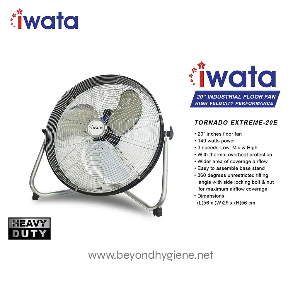 TORNADO EXTREME-20E ELECTRIC FAN (1) 20-inch industrial floor fan for high velocity airflow, suitable for commercial and industrial spaces. Features three speeds, thermal protection, and easy assembly for effective cooling.