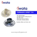 High-quality industrial ceiling fans by iWata, available in black and cream, designed for large spaces with 20-inch diameter, 18-inch blade, 90W power, and built-in thermal protection for efficient air circulation.