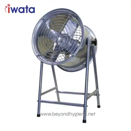 Heavy-duty industrial fan with metal frame, used for air circulation and ventilation in commercial and industrial spaces. durable, high-performance blower for optimal airflow.
