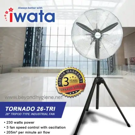 Tornado 26-tri industrial tripod fan for commercial and industrial cooling, 230W power, 3-speed oscillation, 205m³/min airflow, durable and reliable with a 3-year warranty.