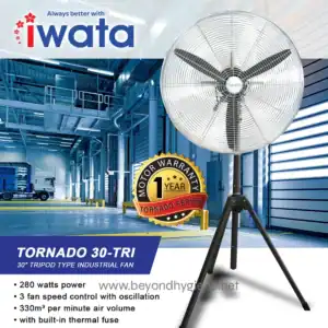 Tornado 30-Tri industrial fan for commercial and industrial cooling, 30-inch tripod design, 280W power, oscillation control, high air volume, thermal fuse, reliable ventilation solution.