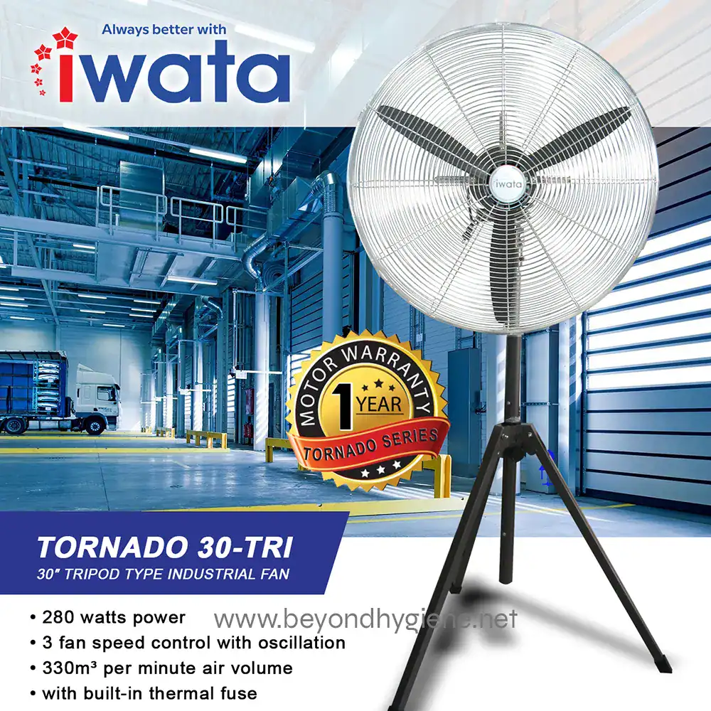 TORNADO30-TRI ELECTRIC FAN Tornado 30-Tri industrial fan for commercial and industrial cooling, 30-inch tripod design, 280W power, oscillation control, high air volume, thermal fuse, reliable ventilation solution.