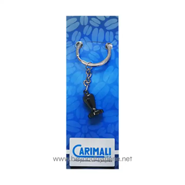 Carimal iPhone 7 earphone jack adapter keychain, black charm with silver chain on blue background for recycling, gadget accessories, industrial tools, reusable items, business branding.