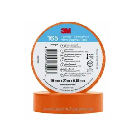 Bright orange 3M vinyl electrical tape used for insulating wires and electrical applications, featuring flame-retardant properties and a width of 19mm x 20m, ideal for professional hygiene and electrical safety.