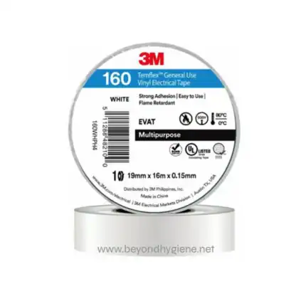3M electrical tape, 160 inches, general purpose vinyl, white, strong adhesion, flame retardant, easy to use, versatile for electrical and industrial applications.