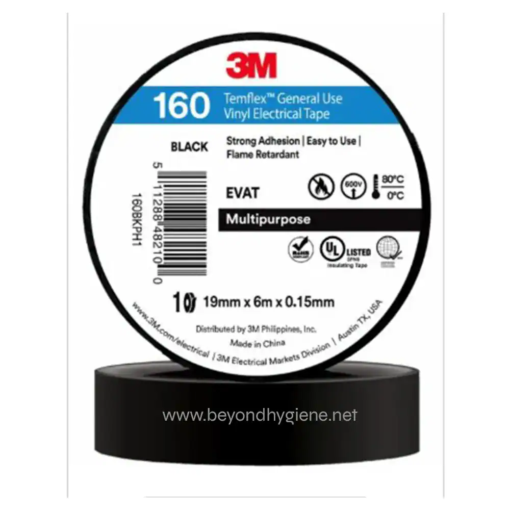 Temflex Vinyl Electrical Tape 19mm x 6m Black 3M Temflex General Use Vinyl Electrical Tape, 160ft, multipurpose black electrical tape for insulation, flame retardant, strong adhesion, easy to use, suitable for wiring and electrical projects.