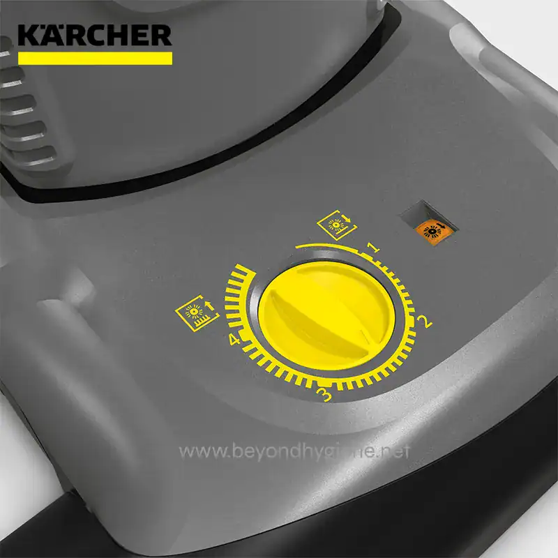UPRIGHT BRUSH-TYPE VACUUM CLEANER CV 382 Adv (3) Karcher industrial steam cleaner control panel, yellow dial with cleaning setting options, user interface for adjusting steam and temperature levels, professional cleaning equipment for commercial hygiene, beyond hygiene asia.