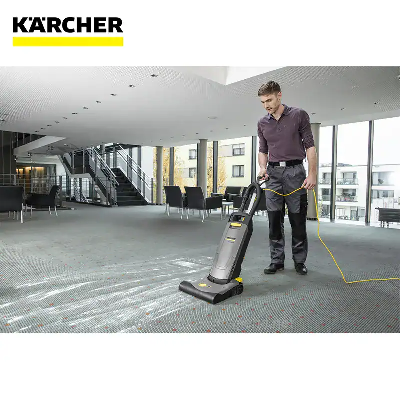 UPRIGHT BRUSH-TYPE VACUUM CLEANER CV 382 Adv (4) Karcher carpet cleaning machine in modern office setting, highlighting professional hygiene cleaning services.