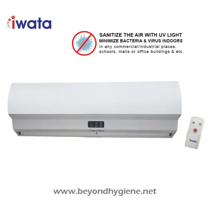 UV air sterilizer with remote control for disinfecting indoor spaces to reduce bacteria and viruses, suitable for commercial, industrial, school, mall, and office environments.