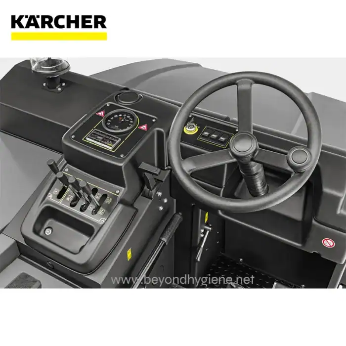 Karcher industrial vehicle dashboard with steering wheel, control panels, and gauges for effective hygiene equipment operation.