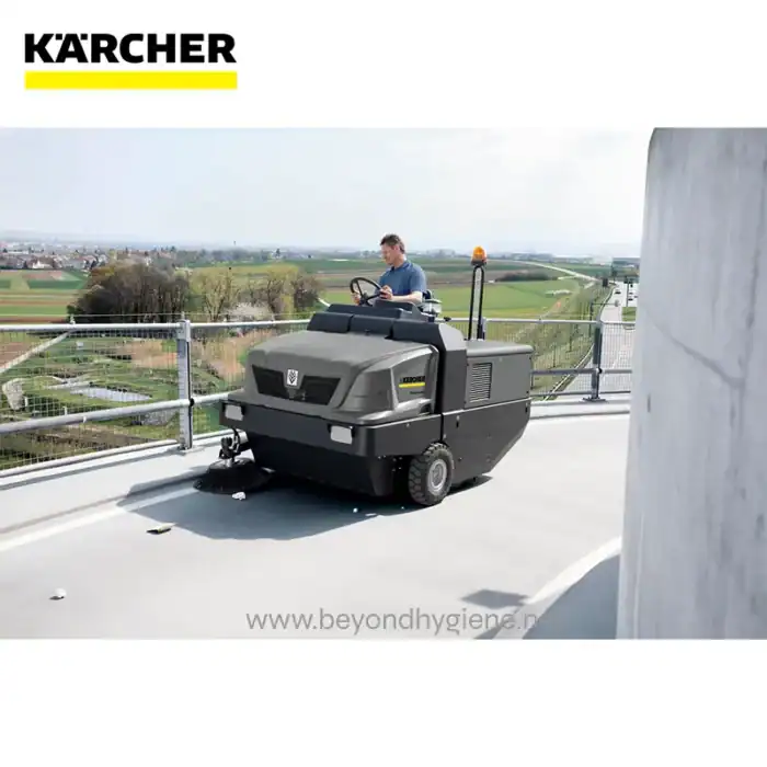 High-efficiency street sweeper on a rooftop, demonstrating professional cleaning solutions for commercial buildings, hospitals, and public spaces by Beyond Hygiene Asia.