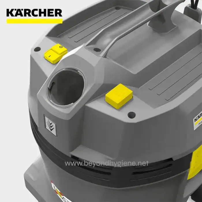 Karcher industrial vacuum cleaner with grey and yellow accents for commercial cleaning applications.