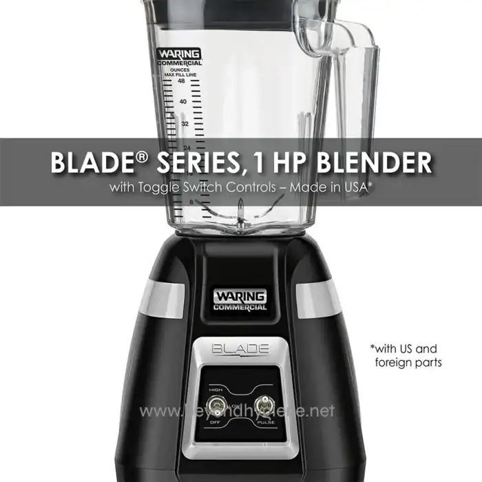Blade Series 1 HP commercial blender with toggle switch controls, durable plastic jar, and powerful motor for food and beverage preparation.