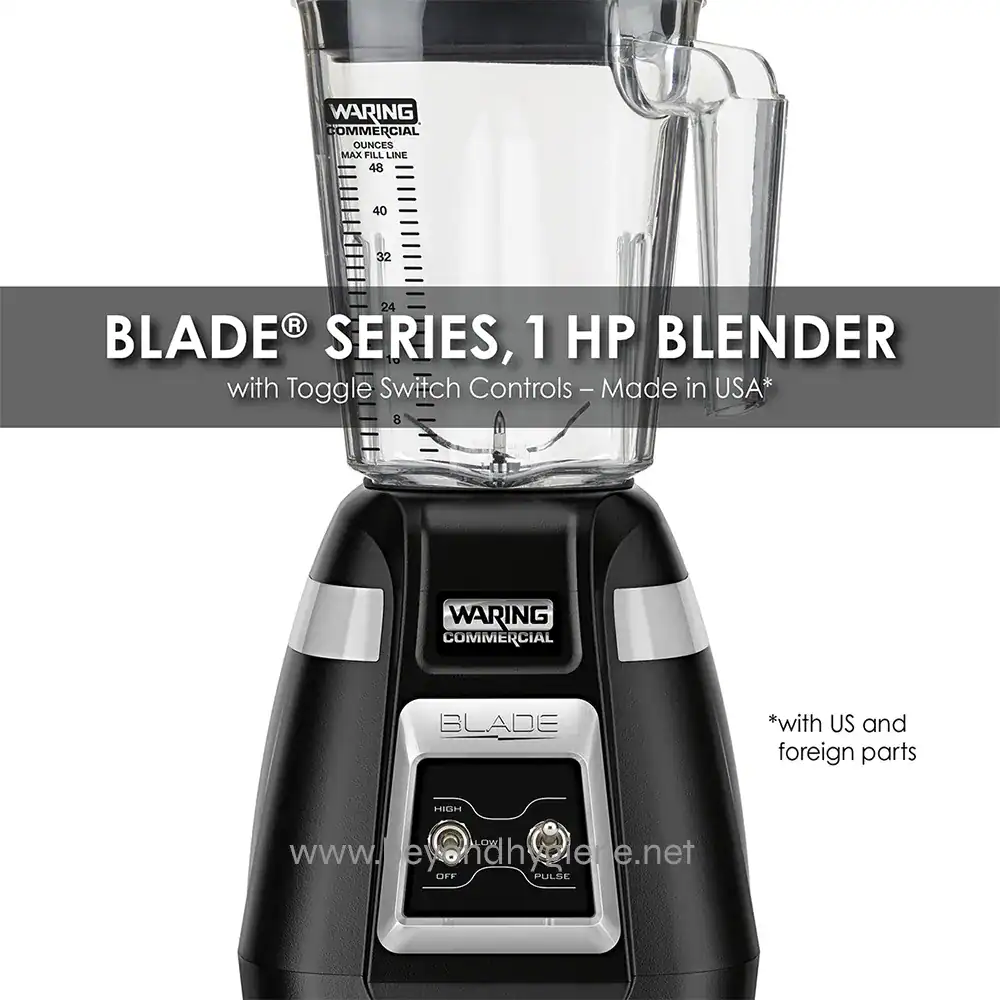bb300_hires3_1200 Blade Series 1 HP commercial blender with toggle switch controls, durable plastic jar, and powerful motor for food and beverage preparation.