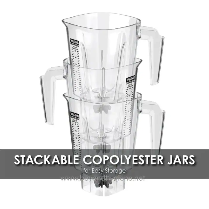 Stackable copolyester jars for efficient storage, ideal for commercial and industrial use. Durable, transparent, and space-saving design with graduated measurement markings.