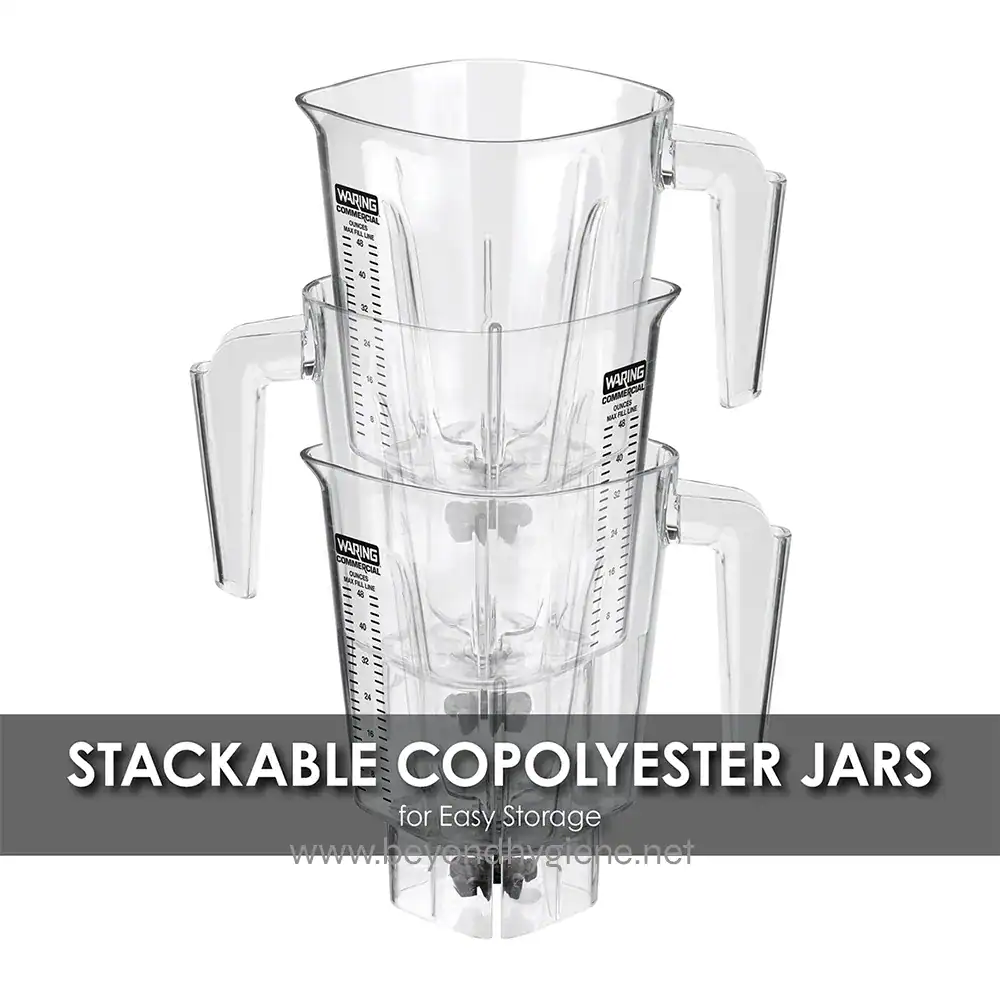 bb300_hires6_1200 Stackable copolyester jars for efficient storage, ideal for commercial and industrial use. Durable, transparent, and space-saving design with graduated measurement markings.