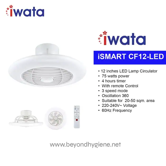 IWata iSMART CF12-LED circulator fan with remote control, 12-inch LED lamp, 75 watts power, 4-hour timer, and oscillation. Ideal for enhancing hygiene and air circulation in Asian homes and commercial spaces.