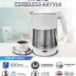 IWata cordless electric kettle for versatile kitchen use, featuring automatic boiling shut-off, concealed heating element, stainless steel body, 2-liter capacity, and 360-degree rotating base.