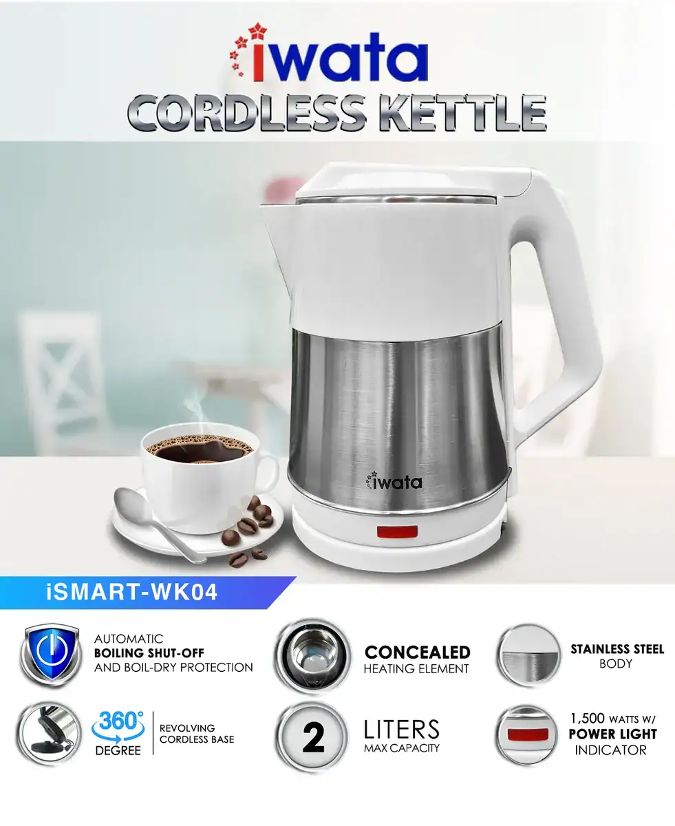 iSMART-WK04 ELECTRIC KETTLE (1) IWata cordless electric kettle for versatile kitchen use, featuring automatic boiling shut-off, concealed heating element, stainless steel body, 2-liter capacity, and 360-degree rotating base.