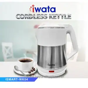 Cordless electric kettle by Iwata, modern kitchen appliance, stainless steel & white design, perfect for tea & coffee, advanced boiling technology, cordless feature for convenience, reliable water heating.